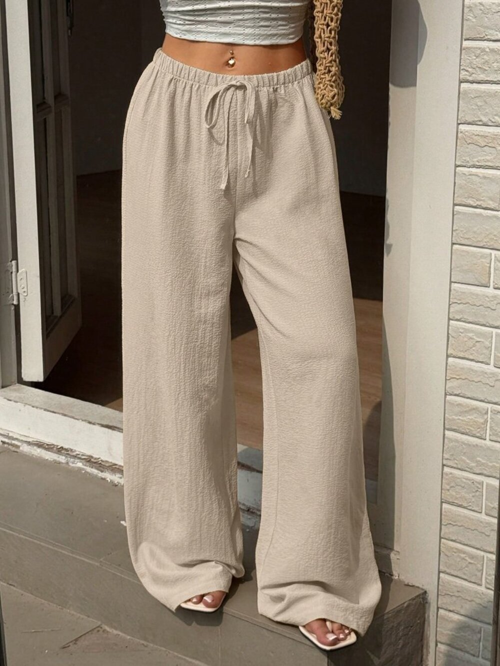 Apricot Casual Women's Vacation Tie-Up Straight Leg Textured Pants